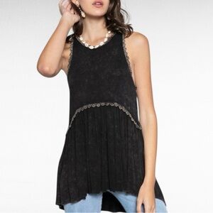 POL | Washed Black Knit Sleeveless Crochet Scallop Trim Babydoll Tunic Tank Top
